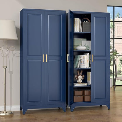 Kitchen Pantry Cabinet,75”Blue Metal Storage Cabinets with Doors and 4 Adjustable Shelves,Kitchen Cabinet with 2 Gold Handles,Tall Cabinet for Livingroom,Pantry, Bathroom