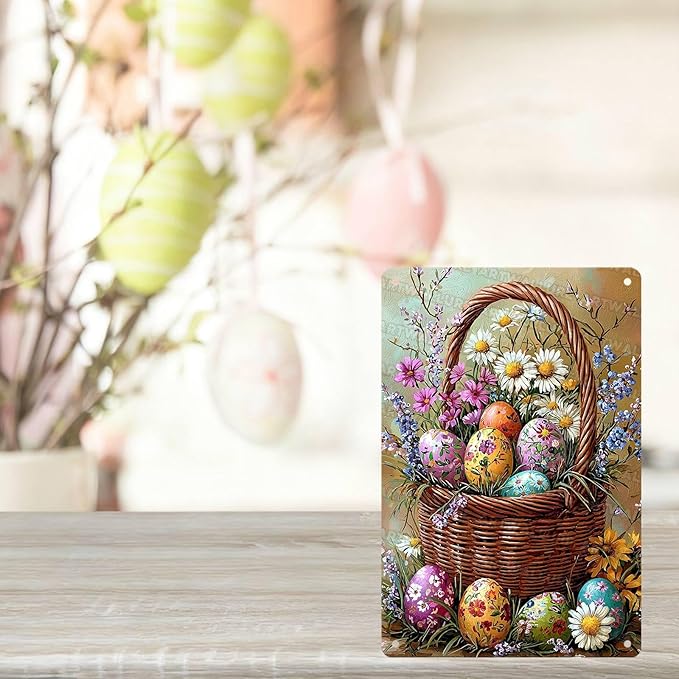 Easter Tin Sign Rabbit Vintage Bunny Party Decor Metal Sign Home Office Living Room Yard Primitive Country Design 8x12Inch