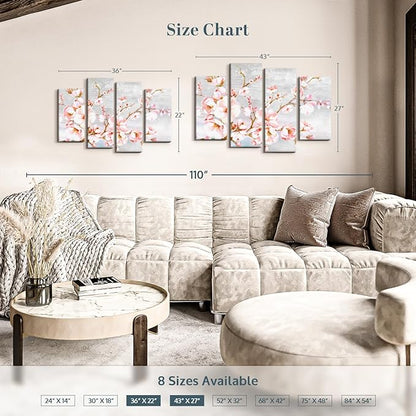 Elephant Stock Spring Cherry Blossoms Wall Art - Horizontal Canvas - 4-Piece Living Room Wall Decor - Painting Floral and Botanical Canvas Print - Pink and Brown Decor for Wall by Eva Watts - 36" X 22"