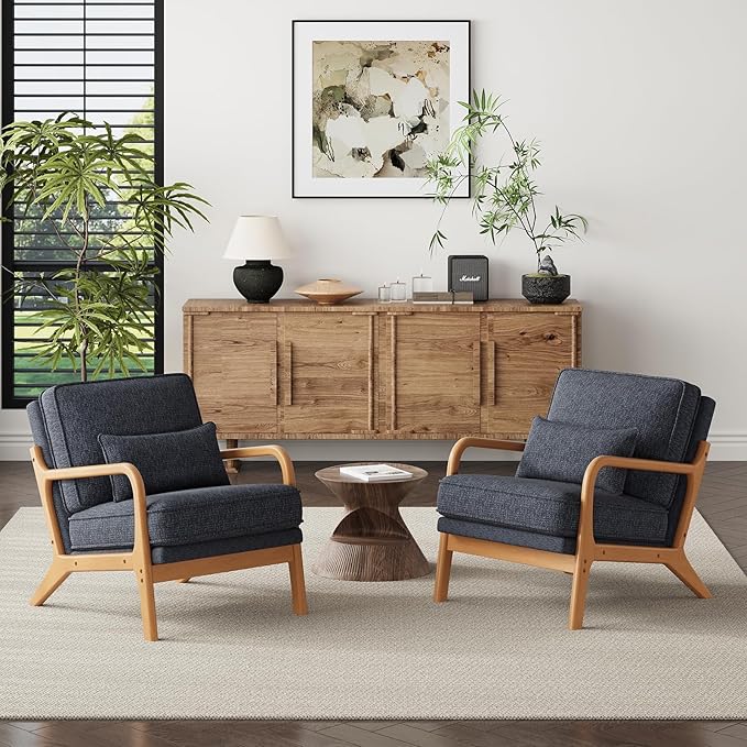 Accent Chair with Solid Wood Frame, Mid-Century Relaxing Armchair Lumbar Pillow& Soft Cushion, Reading Leisure Chair for Living Room, Bedroom, Waiting Room-Blue