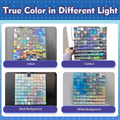 Qcity Iridescent Silver Shimmer Wall Backdrop 36PCS, Black Back Not See-Through Design, Square Sequin Glitter Backdrop Panel, Perfect for Outdoor Events, Birthdays, Wedding and Party Decoration