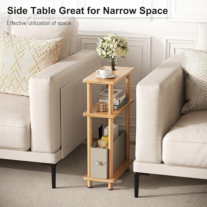 Apicizon Small Narrow Side Table, 3-Tier Skinny End Table for Small Spaces, Slim Nightstand with Fabric Basket, Bedside Table for Living Room, Bedroom, Natural