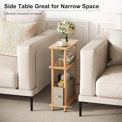 Apicizon Small Narrow Side Table, 3-Tier Skinny End Table for Small Spaces, Slim Nightstand with Fabric Basket, Bedside Table for Living Room, Bedroom, Natural