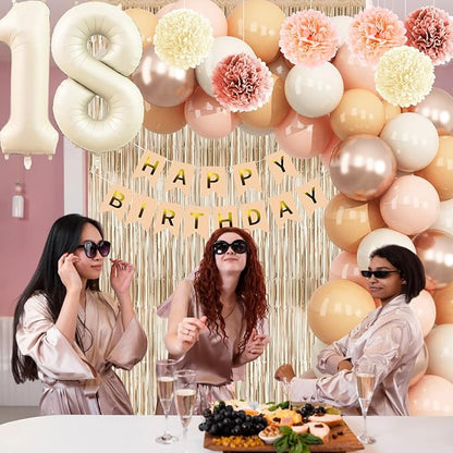 Beige 18th Birthday Decorations Girls Boys Cream Number 18 Balloon Nude Gold Happy Birthday Banner Fringe Curtain Paper Pom Poms Blush White Sand Champagne Star Foil Balloons Neutral Boho Party Decor