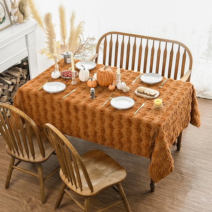 Horaldaily Fall Tablecloth 60x120 Inch Rectangular, Caramel Soft Plush Faux Fur Pumpkin Table Cover, Thanksgiving Autumn Harvest Dining Table Decoration for Home Party Dinner