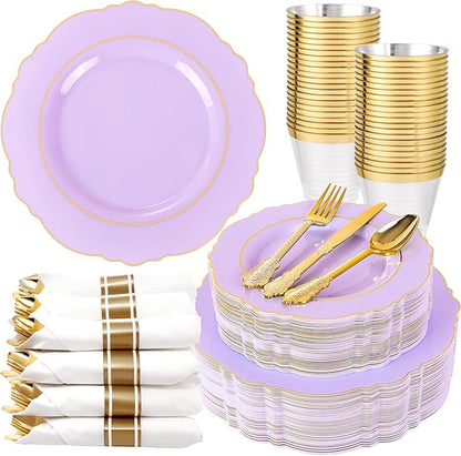 Liacere 350PCS Purple Plastic Plates - Disposable Light Purple and Gold Plates 50guest Baroque Plastic Dinnerware include 100Plates,50Pack Pre Rolled Napkins with Silverware 50Cups for Valentine’s Day