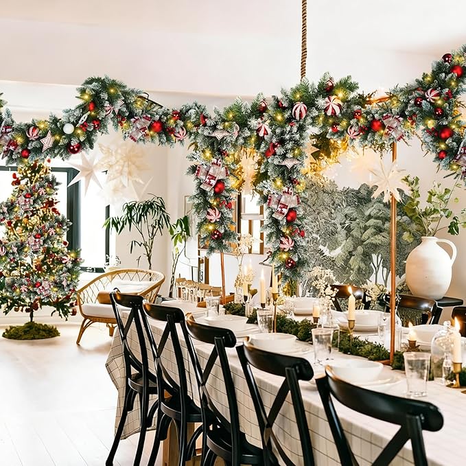 Christmas Garland with Lights 6.56FT Pre-Lit Flocked Garland with 50 LED Battery Operated 8 Lighting Modes - Red Berry & Christmas Ball Decor for Stairs Front Door Fireplace Christmas Decor