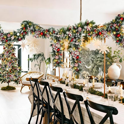 Christmas Garland with Lights 6.56FT Pre-Lit Flocked Garland with 50 LED Battery Operated 8 Lighting Modes - Red Berry & Christmas Ball Decor for Stairs Front Door Fireplace Christmas Decor