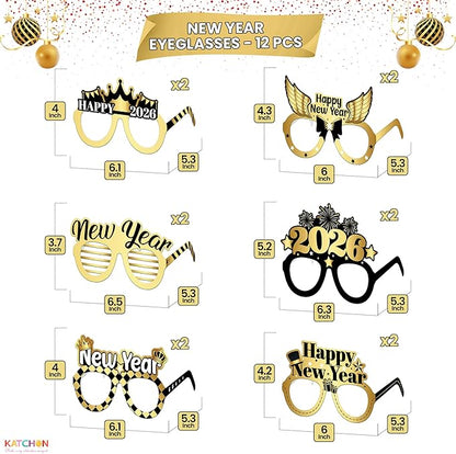 KatchOn, Happy New Years Glasses 2026 - Pack of 12 | New Year Photo Booth Props | New Year Party Glasses, Happy New Years Decorations 2026 | NYE Sunglasses, New Years Eve Party Supplies 2026