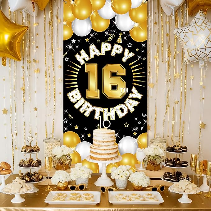 Happy 16th Birthday Decorations for Boys and Girls, 16 Years Old Birthday Fabric Backdrop Banner, Sixteen Party Supplies, Photo Booth Background, Door Wall, Yard Decor for Indoor Outdoor Use