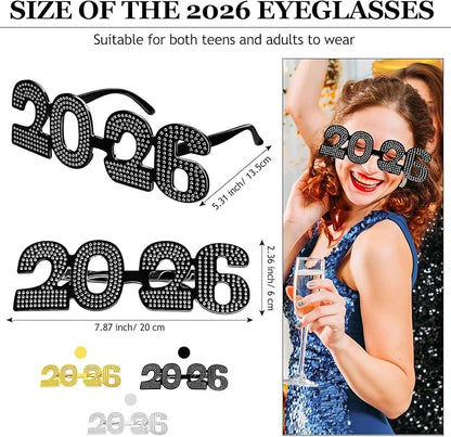 Konohan 6 Pcs 2026 New Year Eve Glasses Glitter Number Sunglasses Eyeglasses for New Years Party Supplies Festival Photo Prop(Yellow Black Silver)
