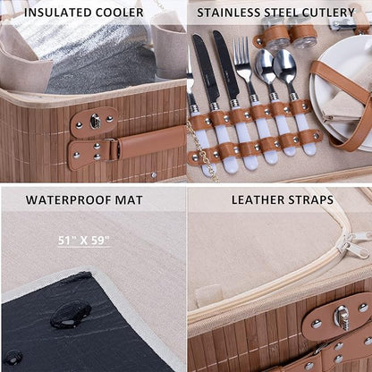 Picnic Basket Set for 2 with Waterproof Blanket Insulated Wine Pouch Hamper with Cutlery for Two Persons, Family,Couple,Camping,Outdoor,Wedding Gift, Birthday