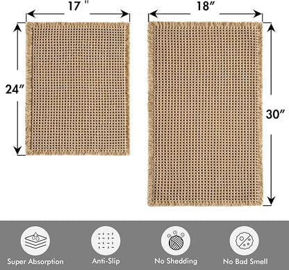 MIULEE Set of 2 Waffle Bathroom Rugs, Boho Bath Rugs Non Slip Washable, Super Absorbent Bath Mats, Ultra Soft Rubber Backed Shower Mats for Bathroom Floor, Tub, Brown, 17"x24"+18"x30"