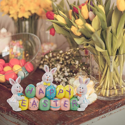 DR.DUDU Easter Decorations Eggs Bunny, Hand-Painted Resin Tabletop Centerpiece, Decor Bunny Figurine for Home Room Table Office Party (Happy Easter)