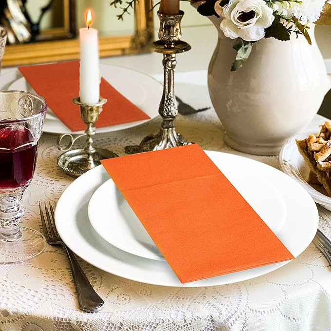 KAMMAK Napkins Disposbale 100 Pack Orange Cloth like Paper Dinner Napkins with Pocket Folded Wedding Napkin Guest Hand Towels for Party Reception, Bathroom, Kitchen, Restaurants (16.5 x 16.5 inch)