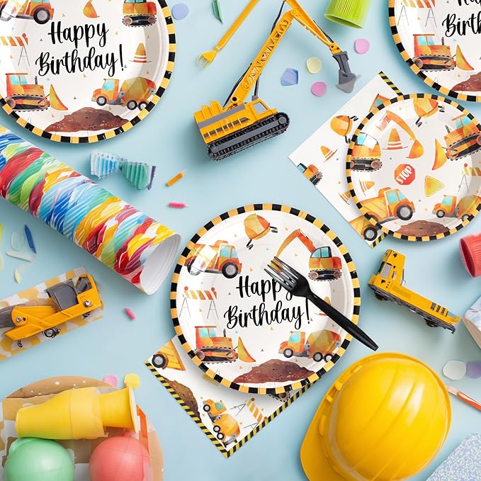 96pcs Construction Birthday Party Plates Disposable Tableware Set Paper Plates Round for 24 Guests Party Table Supplies Kids Party Picnic (Include Plates, Forks and Napkins)