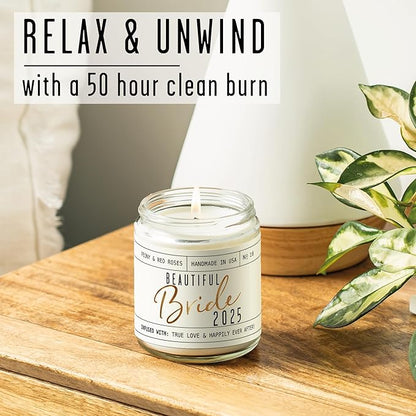 Bridal Shower Gifts, Bride Gifts for Bride to Be - 'Beautiful Bride 2025' Soy Wedding Candle, w/Peony Wedding Bouquet - infused w/Essential Oils I Bachelorette Gifts for Bride I 50Hr Burn, USA Made