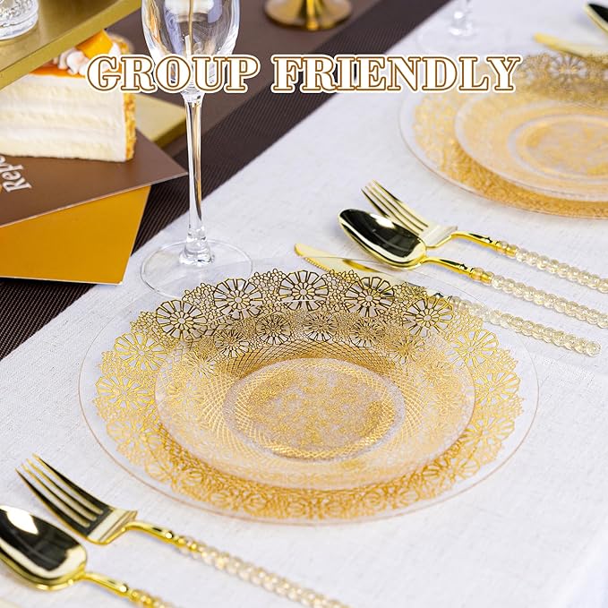 HOMIP 120PCS Clear Gold Plastic Plates, Disposable Party Plates Include 60PCS 10 inch Dinner Plate & 60PCS 7 inch Dessert Plate Perfect for Party Wedding and Holiday