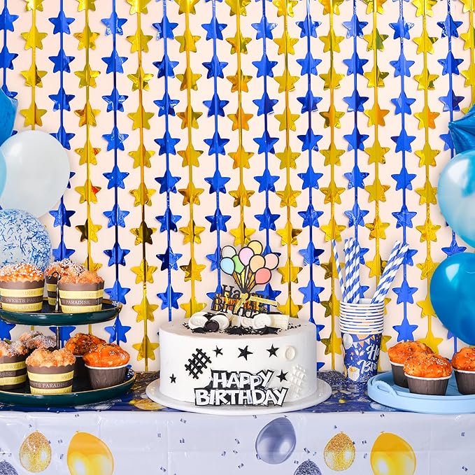 LOLStar 2 Pack Graduation Decoration 2025 3.3 x 6.6 ft Blue Gold Star Each Foil Fringe Tinsel Curtains Backdrop, Navy Blue and Gold Star Streamers for Birthdays, Retirement, Bridal Showers, Banquet