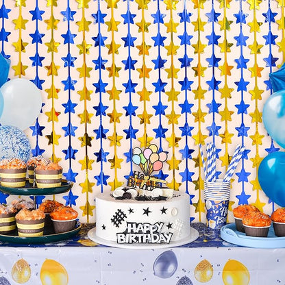 LOLStar 2 Pack Graduation Decoration 2025 3.3 x 6.6 ft Blue Gold Star Each Foil Fringe Tinsel Curtains Backdrop, Navy Blue and Gold Star Streamers for Birthdays, Retirement, Bridal Showers, Banquet
