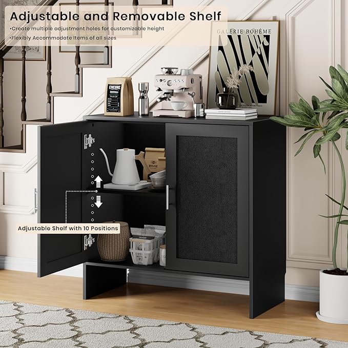 DHZ Buffet Cabinet with Storage & Adjustable Shelf - Farmhouse Sideboard with Black Rattan Decorated Doors, Coffee Bar Cabinet for Kitchen, Dining Room Organizer