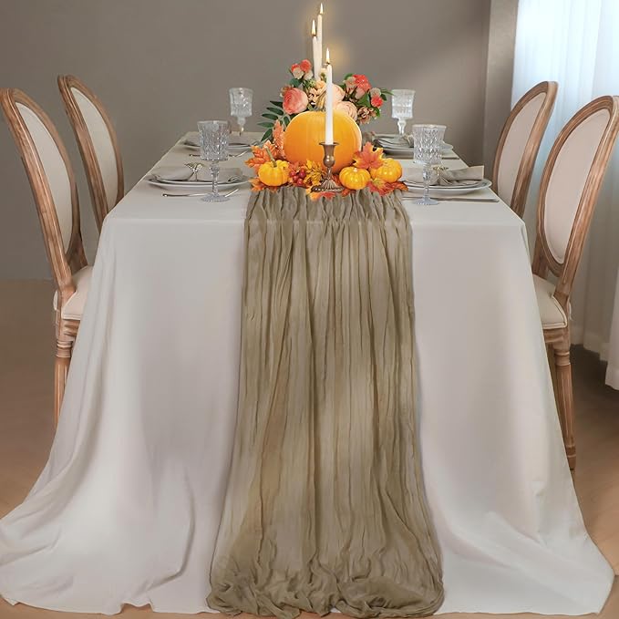 Snowkingdom 6PCS 10 FT Light Brown Cheesecloth Table Runner, 120 inch Long Tan Fall Thanksgiving Boho Rustic Gauze Sheer Runner for Wedding Baby Shower Birthday Holiday Party Table Decorations
