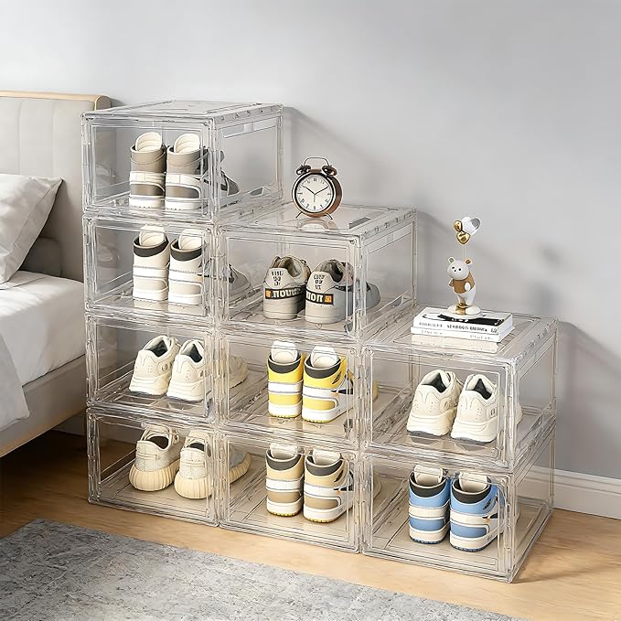 Acrylic Shoe Storage Boxes with Magnetic Door - 360° Clear Stackable Shoe Display Box Set, Plastic Shoe Cabinet Rack Box for Sneakers Heels Shoes (1, Clear, L - Front Open)
