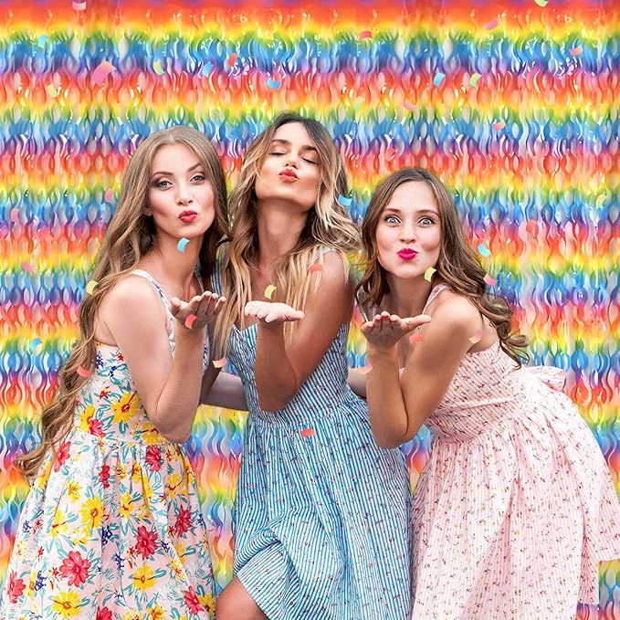 4 Pack Dark Rainbow Fringe Curtain Backdrop 3.2Ft x 8.2Ft Metallic Tinsel Foil Fringe Streamers Background for Photo Booth Mother's Day, Easter, Carnival, Birthday, Wedding Party Decoration