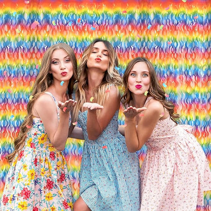 4 Pack Dark Rainbow Fringe Curtain Backdrop 3.2Ft x 8.2Ft Metallic Tinsel Foil Fringe Streamers Background for Photo Booth Mother's Day, Easter, Carnival, Birthday, Wedding Party Decoration
