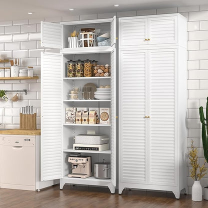 Kitchen Pantry Cabinet, 90" Tall Metal Storage Cabinet, Food Pantry cabinets with Doors and Shelves, Steel Cabinets for Living Room, Dining, White,16" D x 32" W x 90" H, Assembly Required