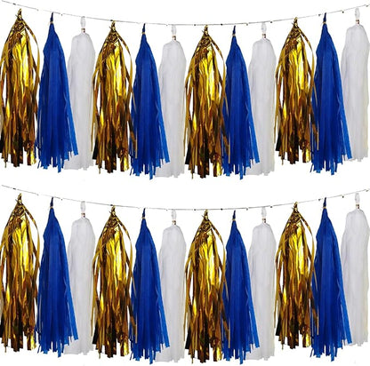 We Moment Navy Blue Gold White Tassel Garland Banner Paper Tassels for Boys Girls Birthday Graduation Decorations,Pack of 15