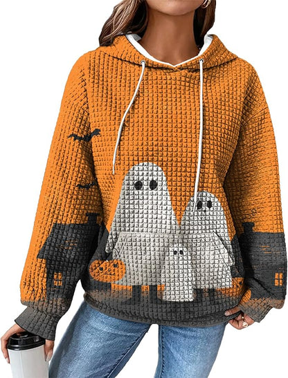 Halloween Sweatshirts for Women Novelty Graphic Drawstring Waffle Hoodies Loose Casual Pullover Tops with Pocket