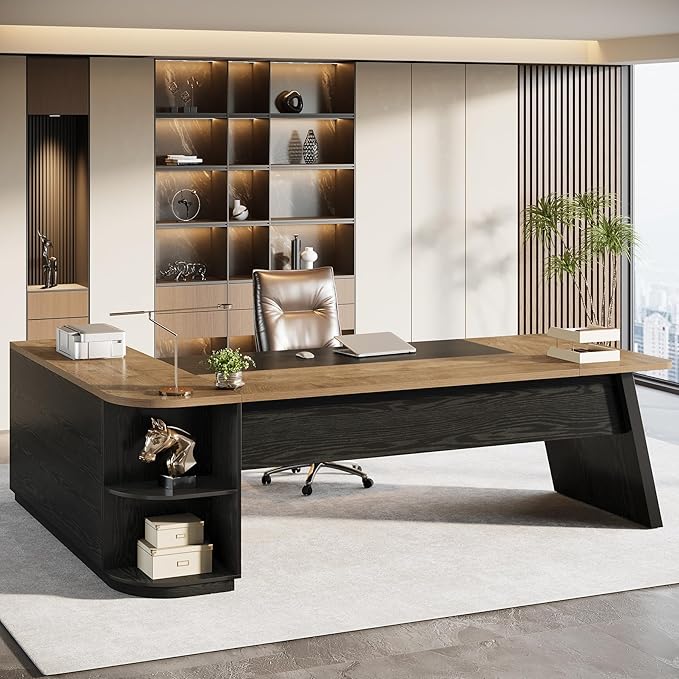 Tribesigns 79-Inch Executive Desk, Large Office Desk with Cabinet, L-Shaped Compter Desk with Storage Shelves, Writing Table for Home Office, Natural Oak and Black