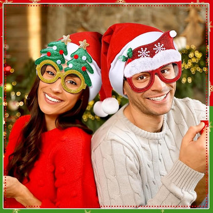 Liitrsh 48 Pcs Christmas Glasses & Hats - Glitter Glasses, Santa Hat for Xmas Photo Booth Props & Holiday Favors
