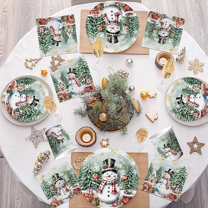 Vintage Christmas Decorations-144Pcs Snowman Plates and Napkins Retro Christmas Tree Snowman Tableware for Winter Holiday Xmas Party Supplies