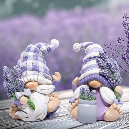 Hodao Set of 2 Lavender Gnome Figurines - Indoor Resin Decor for Home Shelf, Tiered Tray | Spring & All-Season Decoration
