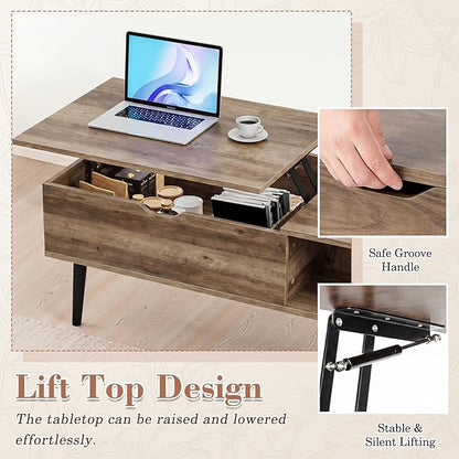 OLIXIS Wooden Coffee Table, Lift Top Coffee Table with Large Hidden Compartment and Ample Storage Shelf, Lift Tabletop Dining Table for Living Room, Home Small Space, Grey