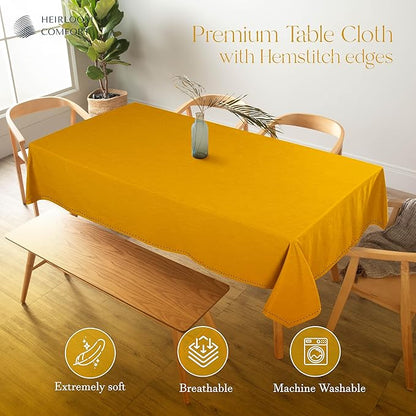 Mustard Yellow Cotton Table Cover, 60x86 Inch, Fits 6-8 Seats, Soft, Durable, Washable, Wrinkle Resistant, Rectangle Table Cloth for Summer Gatherings, Festive Meals, Dining Decor