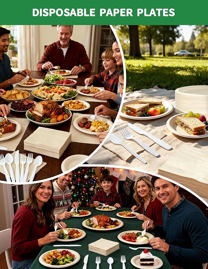 300Pack Disposable Paper Plates and Cutlery Set - Includes 50PCS 7-inch and 9-inch Platters, 50 sets of Disposable Cutlery and Napkins - 100% Compostable Tableware Set for 50 Guests Service