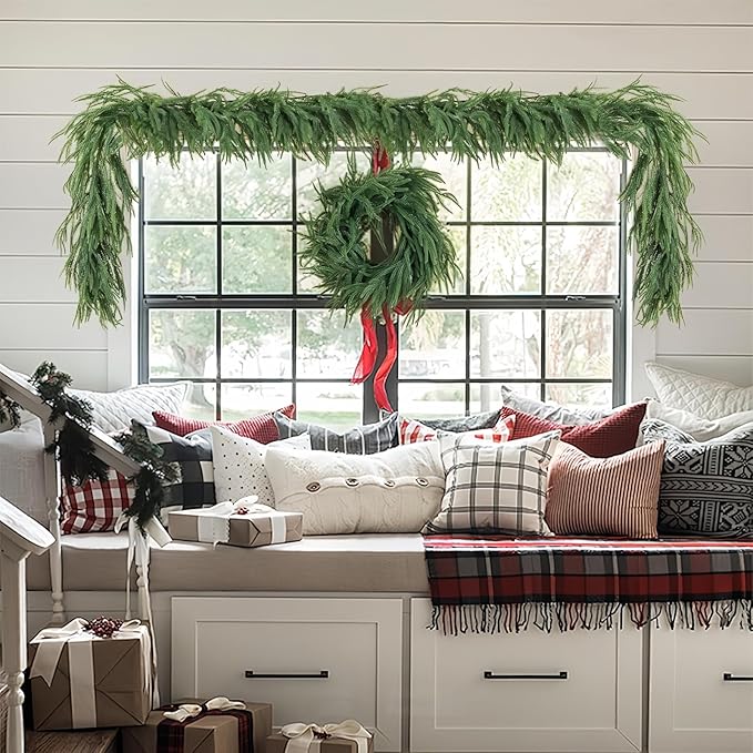 2 Pcs Norfolk Pine Garland,12FT(2 * 6FT) Real Touch Christmas Garland Artificial Greenery Garland for Mantle,Table, Wall, Indoor, Outdoor Christmas Decorations