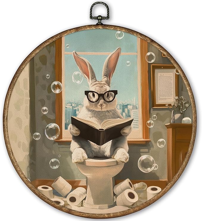 TLESKE Funny Bathroom Bunny Rabbit Round Wall Art Decor 10x10, Bunny Rabbit Sitting on Toilet Framed Canvas Wall Art Prints Artwork, Easter Bunny Wall Hanging Room Door Decor for Bathroom Toilet