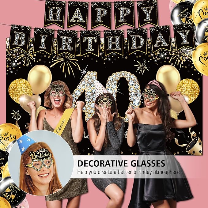 40th Birthday Decorations,39pcs-40th Birthday Decorations for Men & Women,Black Gold 40th Birthday Eyeglasses Decorations Banner Balloons Backdrop Hanging Swirls Paper Fans ,1985 Banner Party Supplies