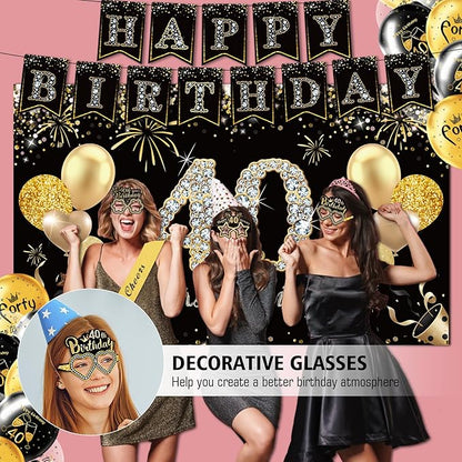 40th Birthday Decorations,39pcs-40th Birthday Decorations for Men & Women,Black Gold 40th Birthday Eyeglasses Decorations Banner Balloons Backdrop Hanging Swirls Paper Fans ,1985 Banner Party Supplies