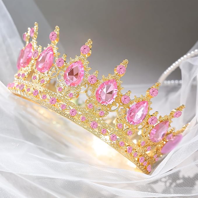 Pink Crown for Women Crystal Tiara and Queen Crown for Girl Wedding Headband for Bride Hair Accessories for Costume Birthday Party Cake Decoration Prom
