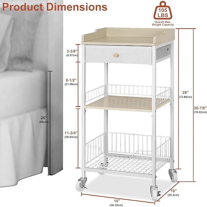 4-Tier Small Side Table with Storage Drawer, Tall Nightstand with Wheels & Basket, Rolling Bathroom Table for Small Spaces, Bedroom, Living Room, Dorm, White and Natural