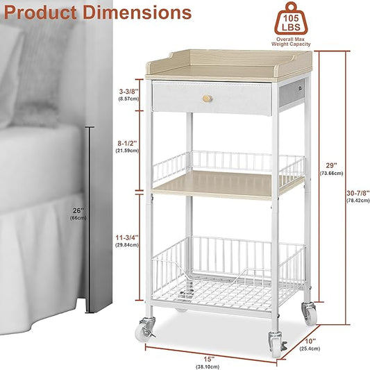 4-Tier Small Side Table with Storage Drawer, Tall Nightstand with Wheels & Basket, Rolling Bathroom Table for Small Spaces, Bedroom, Living Room, Dorm, White and Natural