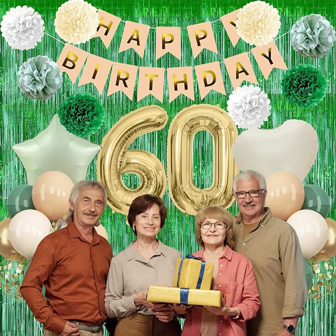 Sage Green 60th Birthday Decorations for Men Gold Number 60 Balloon Nude Gold Happy Birthday Banner Fringe Curtain Paper Pom Poms Olive Green Cream White Sand Star Foil Balloons Party Decor