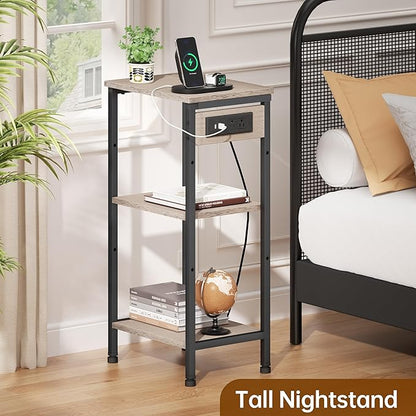 Tall End Table with Charging Station, 3 Tier Narrow Beside Table with Adjustable Shelf, Tall Side Table Nightstand for Bedroom, Living Room Coffe Table, Office, Greige