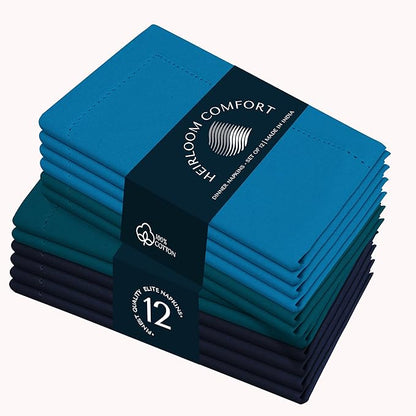 Multi Color Cloth Napkins 18x18 Inch - Set of 12-100% Cotton, Soft - Perfect Hotel Quality Napkin for Table, Dinner, Weddings, Everyday Dining - Turquiose Blue, Teal Green, Navy