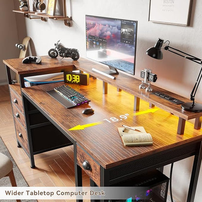 Furologee 60" Computer Desk with File Cabinet and Storage Shelves, Reversible Home Office Desk with LED Lights, Full Monitor Stand, Power Outlets, Study Gaming Table with 4 Drawers, Rustic Brown
